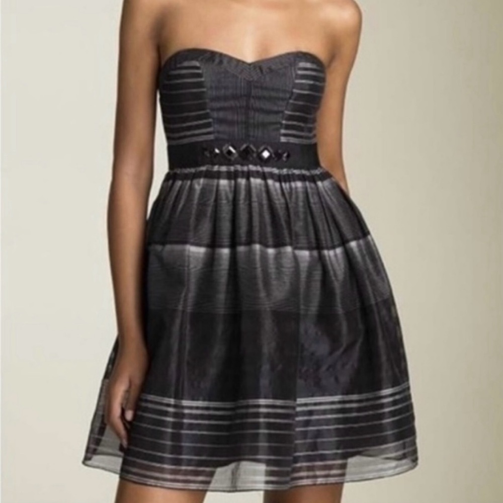 BCBGMaxAzria Strapless Embellished Mini Strapless Dress in Black/Grey — 0